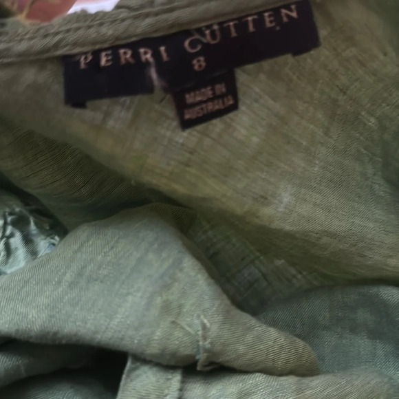 90s Perri Cutten VNTG Green Linen Cardigan Ruffle Trim Size 8 - Picture 4 of 5